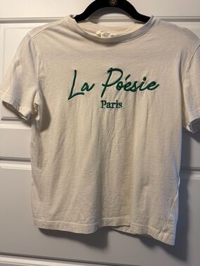 H&M White Tee with Green Embroidered Lettering